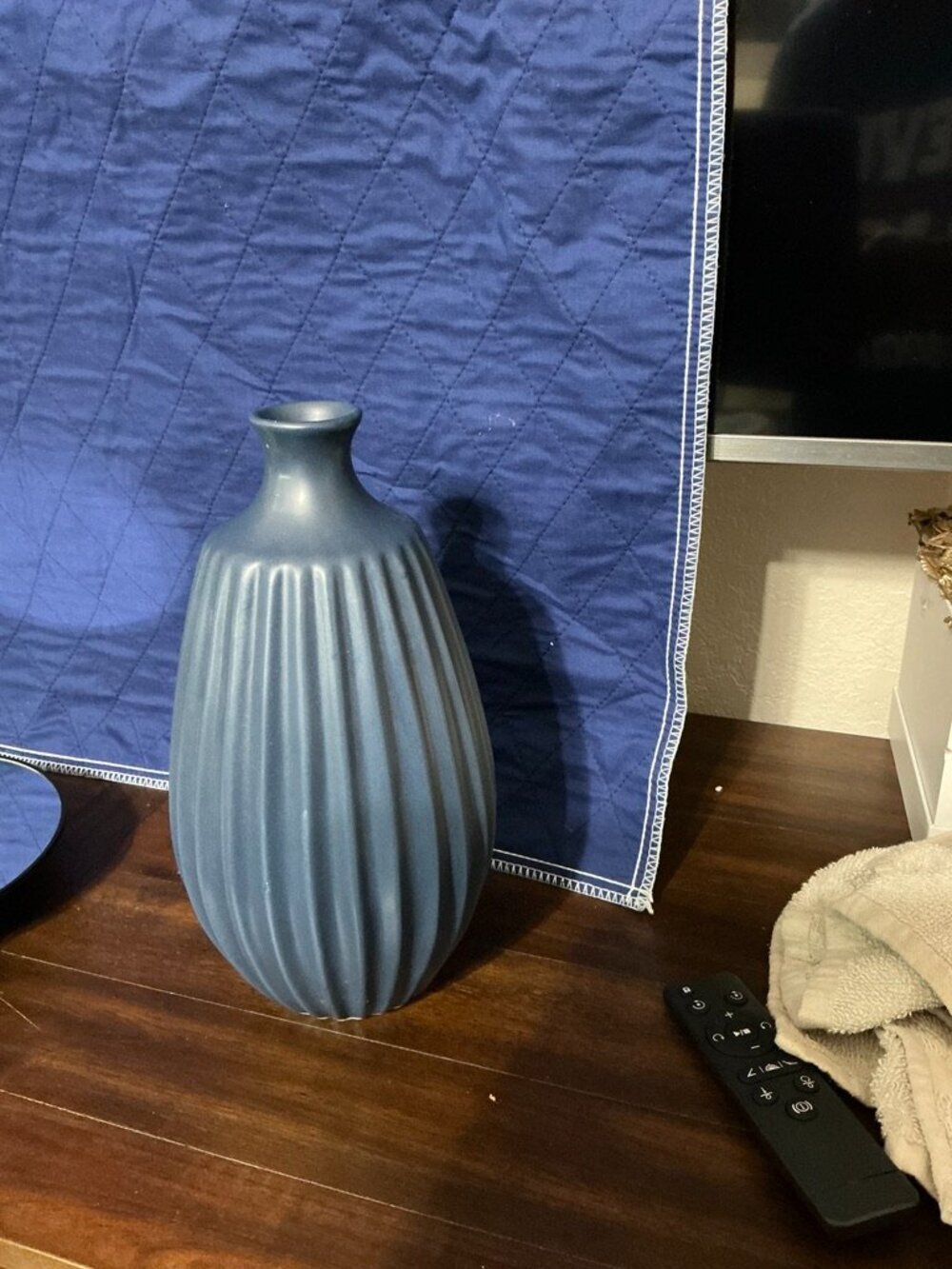Modern Blue Ribbed Decorative Vase - Picture 2 of 2
